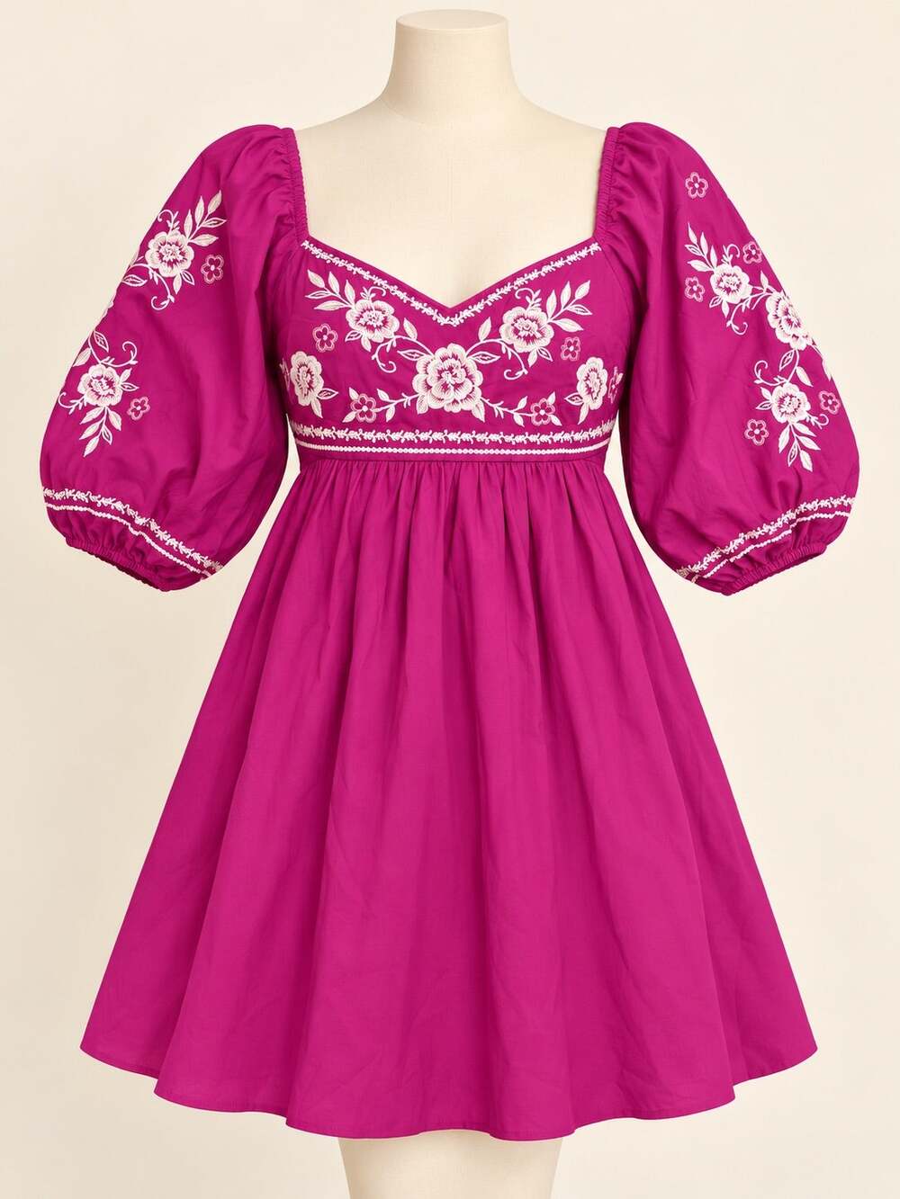 Savanna Jane Dress Womens Medium Magenta Floral Embroidered Puff Sleeve Smocked